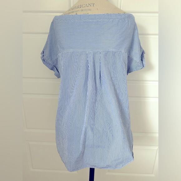 Theory blue striped cotton tie front short sleeve blouse top size medium button - Picture 4 of 10